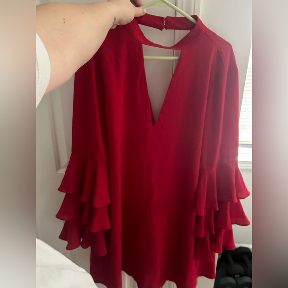 Red Ruffle Sleeve Mini Dress - Picture 2 of 4